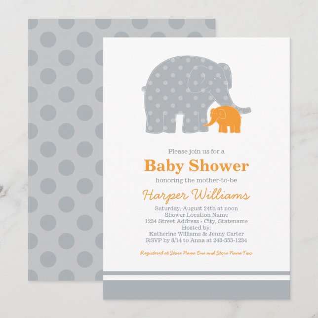 Invitación Madre Elefante Naranja Gray Dots Baby Shower (Anverso / Reverso)