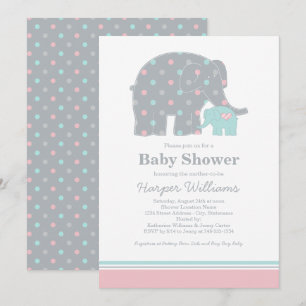 Invitación Madre Elephant Rosa y Aqua Dots Baby Shower