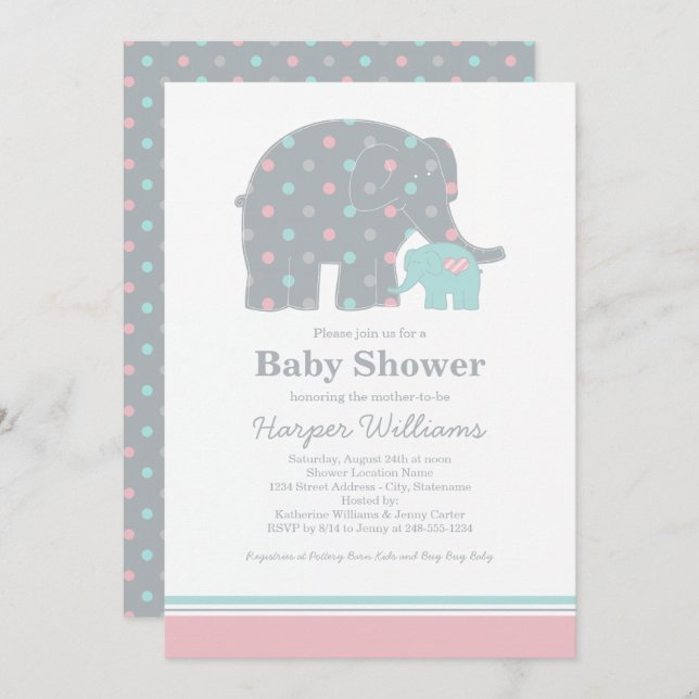 Invitación Madre Elephant Rosa y Aqua Dots Baby Shower (Anverso / Reverso)