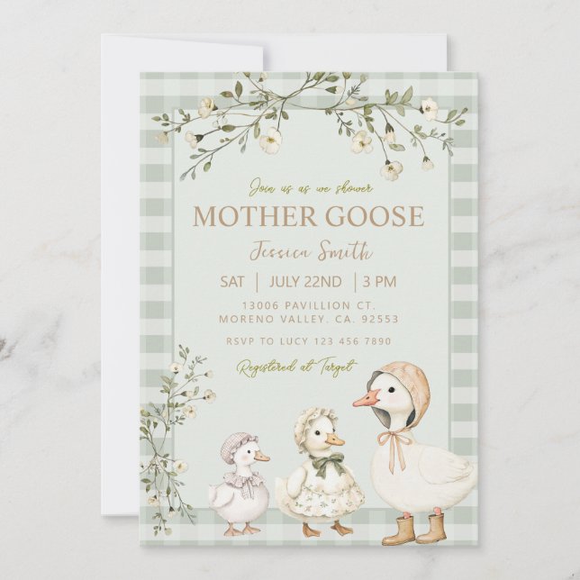 Invitación Madre Goose y Gosling Baby Shower (Anverso)