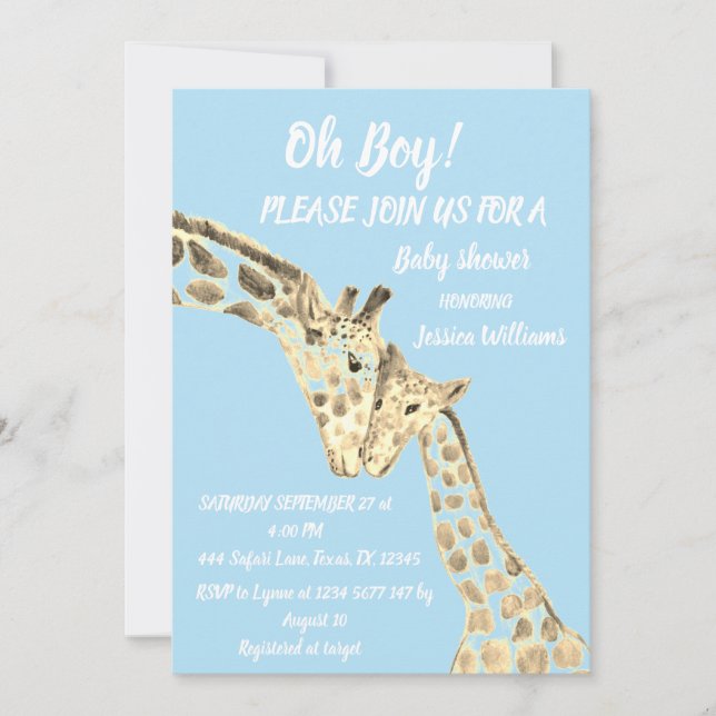 Invitación Madre linda bebé Giraffe Safari Boho Animales Azul (Anverso)