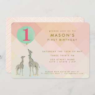 INVITACIÓN MADRE Y BEBÉ GIRAFFE Y BALLÓN  CUMPLEAÑOS