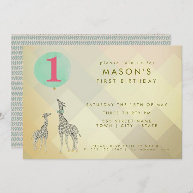 INVITACIÓN MADRE Y BEBÉ GIRAFFE Y BALLÓN| CUMPLEAÑOS (Anverso / Reverso)