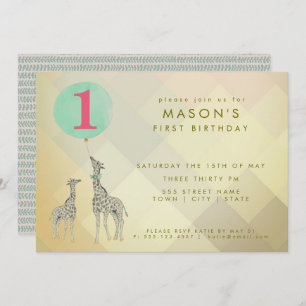 INVITACIÓN MADRE Y BEBÉ GIRAFFE Y BALLÓN  CUMPLEAÑOS