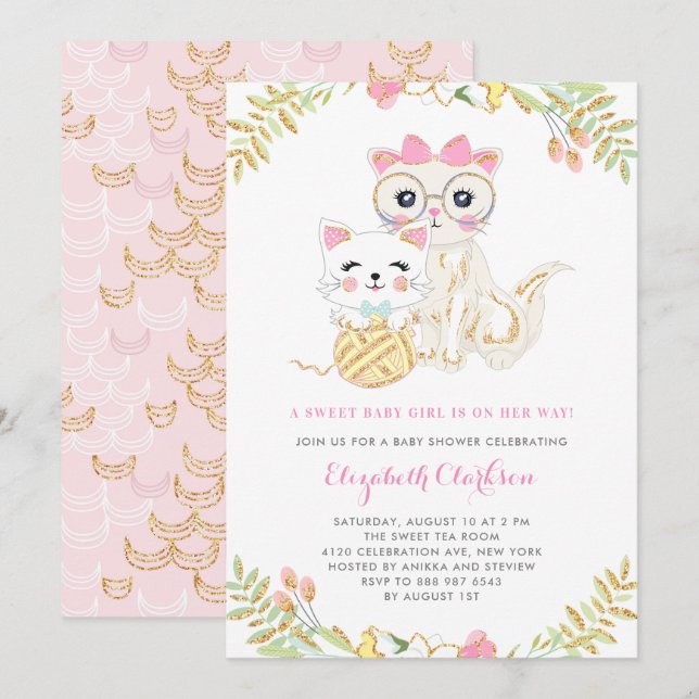 Invitación Madre y hija, gatos, Baby Shower floral (Anverso / Reverso)