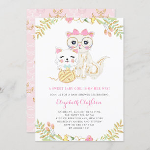 Invitación Madre y hija, gatos, Baby Shower floral
