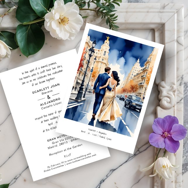 Invitación Madrid Gran Vía Colorful Cityscape Wedding Couple (Madrid Gran Vía Colorful Cityscape Wedding Couple Illustration Invitations Cards.)