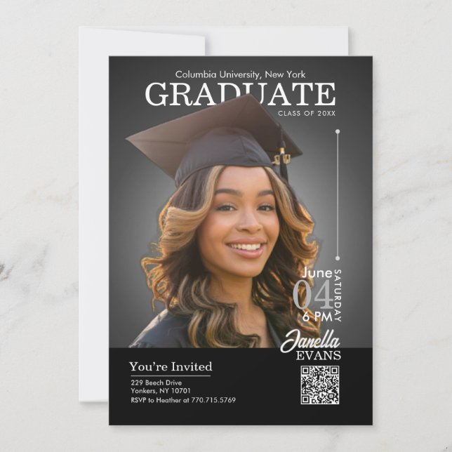 Invitación Magazine Cover Graduation Cap down Black (Anverso)