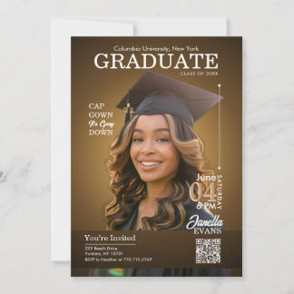 Invitación Magazine Cover Graduation Cap Gown Gold
