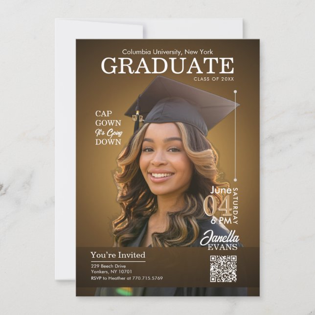 Invitación Magazine Cover Graduation Cap Gown Gold (Anverso)