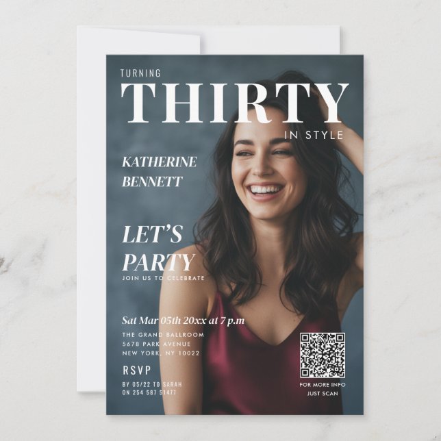 Invitación Magazine Cover Photo 30th Birthday Party QR Code (Anverso)