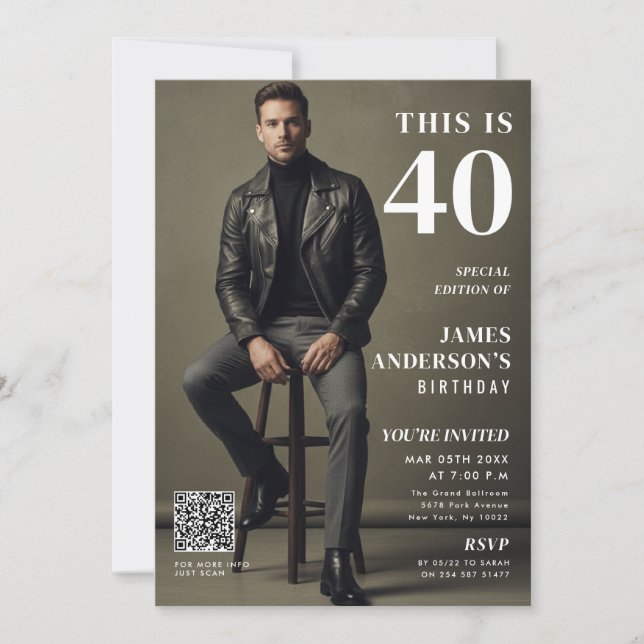 Invitación Magazine Cover Photo Mens 40th Birthday QR Code (Anverso)