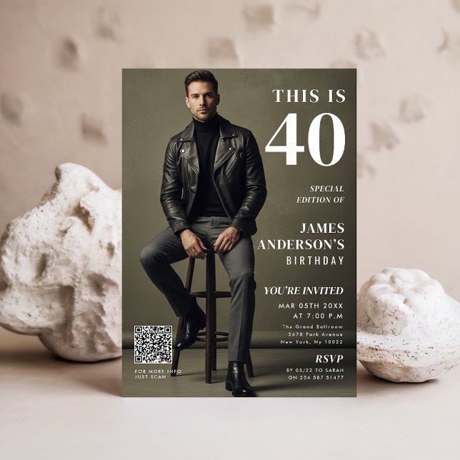Invitación Magazine Cover Photo Mens 40th Birthday QR Code (Subido por el creador)