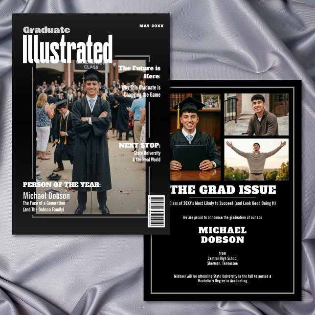 Invitación Magazine Four Photo Black Graduation Announcement (Magazine Four Photo Black Graduation Announcement)