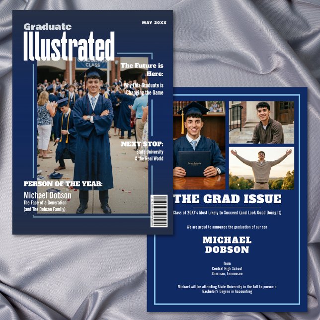 Invitación Magazine Four Photo Blue Graduation Announcement (Magazine Cover Four Photo Graduation Announcement)