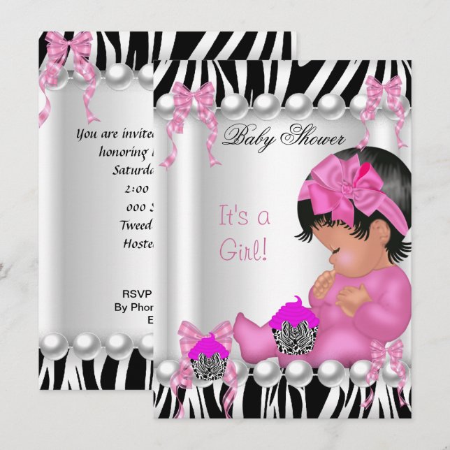 Invitación Magdalena de Cumpleaños de Bebé Niña Cebra Rosa cu (Anverso / Reverso)