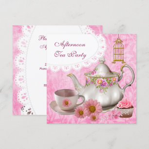 Invitación Magdalena de fiesta del té de la tarde Floral Rosa