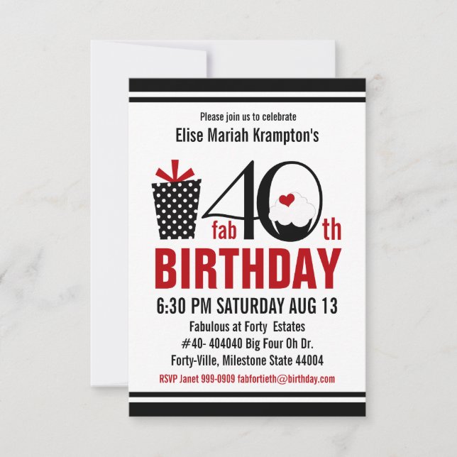 Invitación Magdalena linda 40.o cumpleaños negro y del rojo (Anverso)