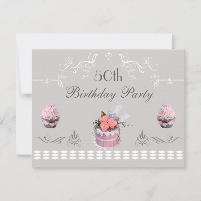 Invitación Magdalenas elegantes rosa y cumpleaños del gris (Anverso)
