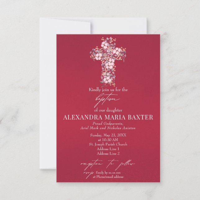 Invitación Magenta acuarela Floral Santa Cruz Baptismo Chica (Anverso)