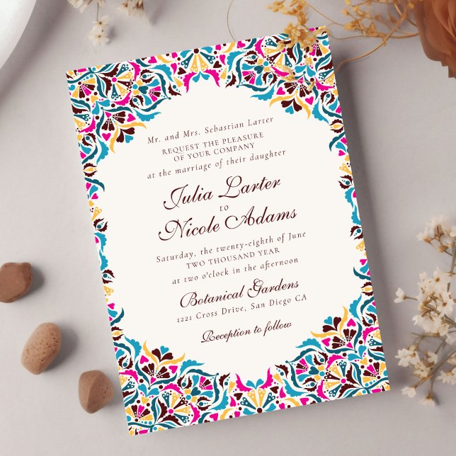 Invitación Magenta Azul Amarillo Caprichoso Floral Boda (Subido por el creador)