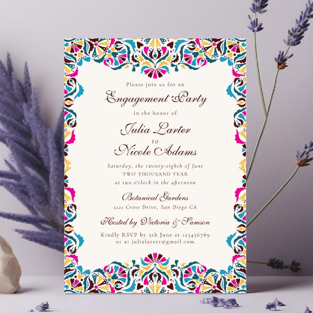 Invitación Magenta Azul Caprichoso Floral Compromiso Fiesta (Subido por el creador)