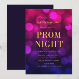 Invitación Magenta Azul Luces Bokeh Doradas Baile de Graduaci
