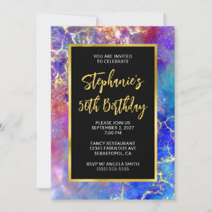 Invitación Magenta Azul Real Oro Ópalo de Fuego Cumpleaños 50