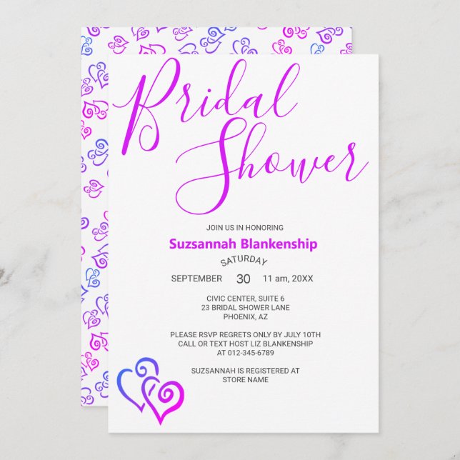 Invitación Magenta Blue Linked Hearts Bridal Shower Template (Anverso / Reverso)