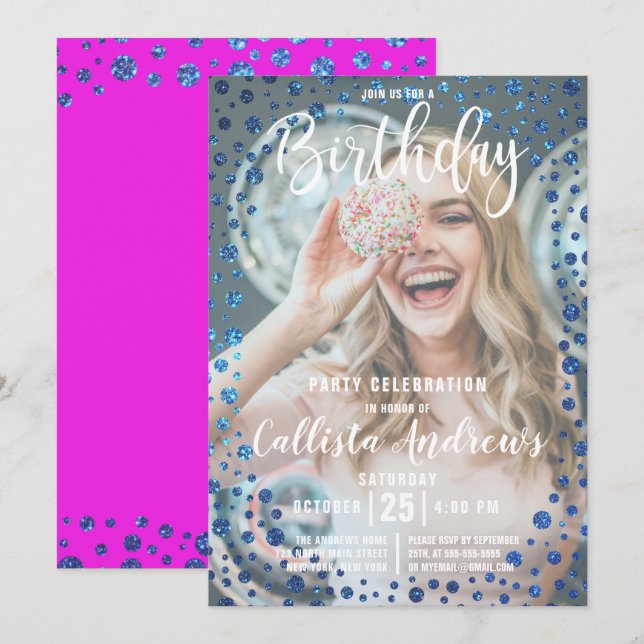 Invitación Magenta Blue Purpurina Confetti Foto Cumpleaños (Anverso / Reverso)