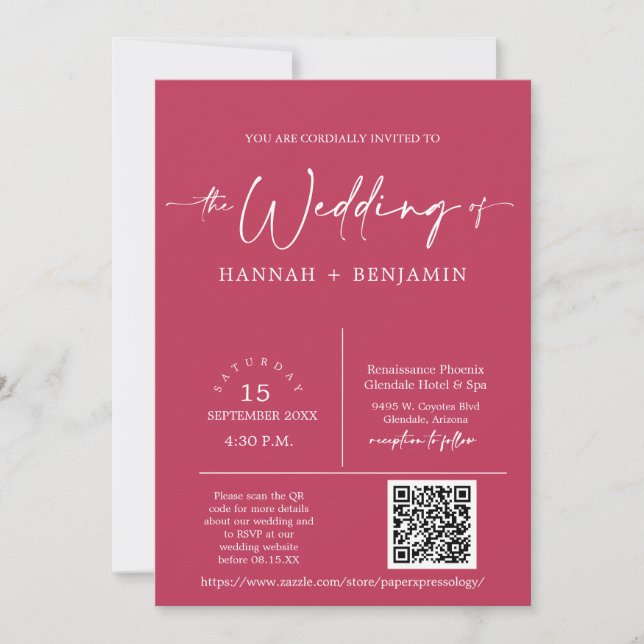 Invitación Magenta Boda de escritura mínima Arco de código QR (Anverso)