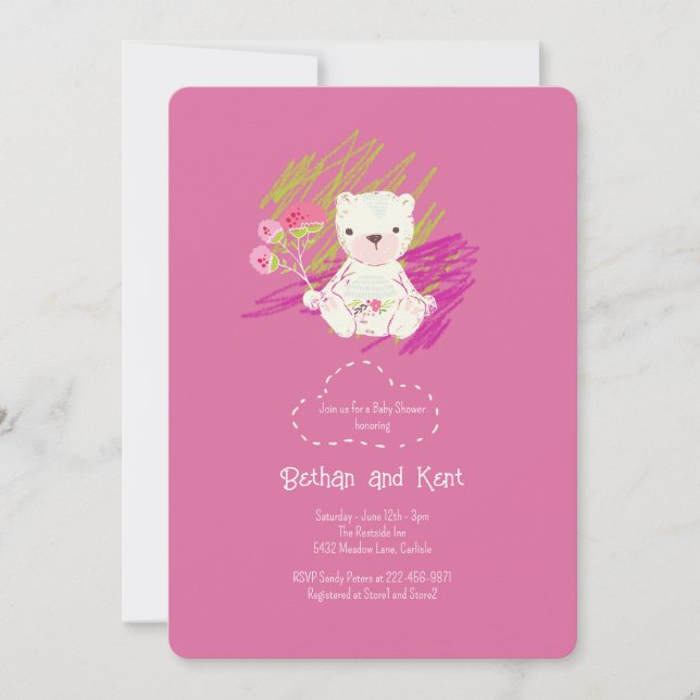 Invitación Magenta Boho Teddy Bear Baby Shower (Anverso)