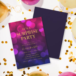 Invitación Magenta Bokeh Gold Es un cumpleaños Fiesta sorpres