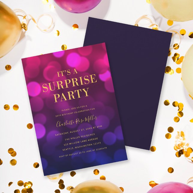 Invitación Magenta Bokeh Gold Es un cumpleaños Fiesta sorpres (Subido por el creador)