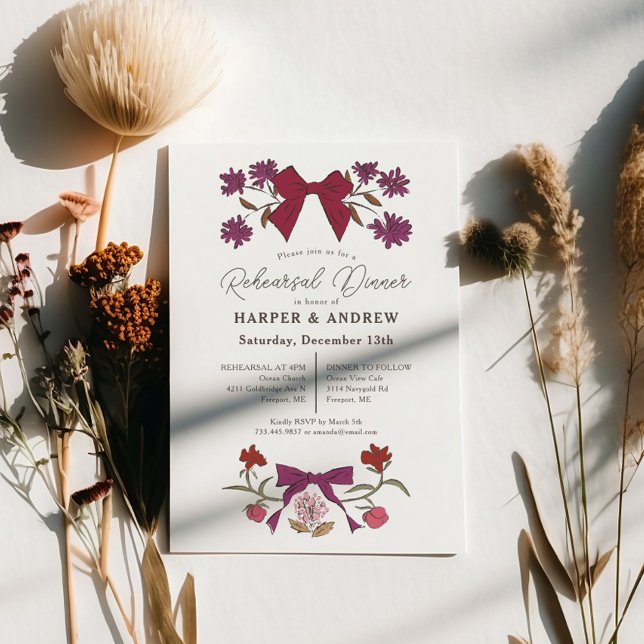 Invitación Magenta Bows Blossom Boda Ensayo Cena (Subido por el creador)