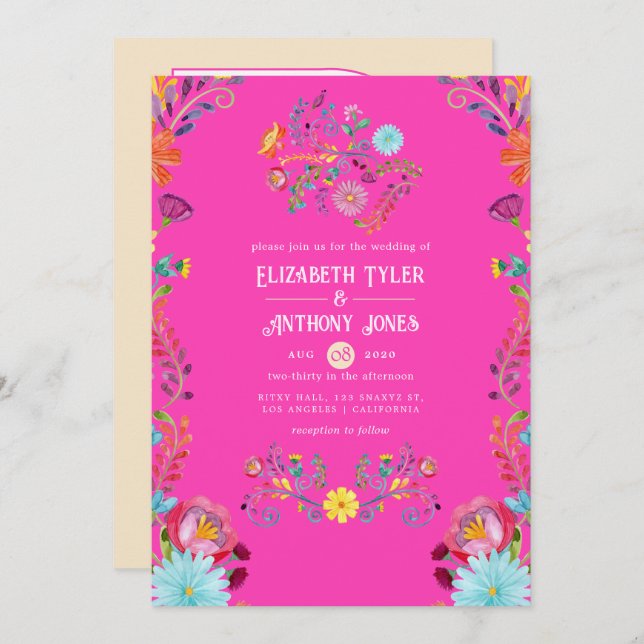 Invitación Magenta & Champagne Floral Mexican Fiesta Wedding (Anverso / Reverso)