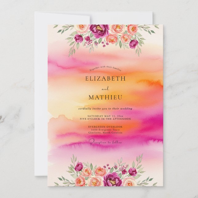 Invitación Magenta Dazzling Tropical Sunset Wedding (Anverso)
