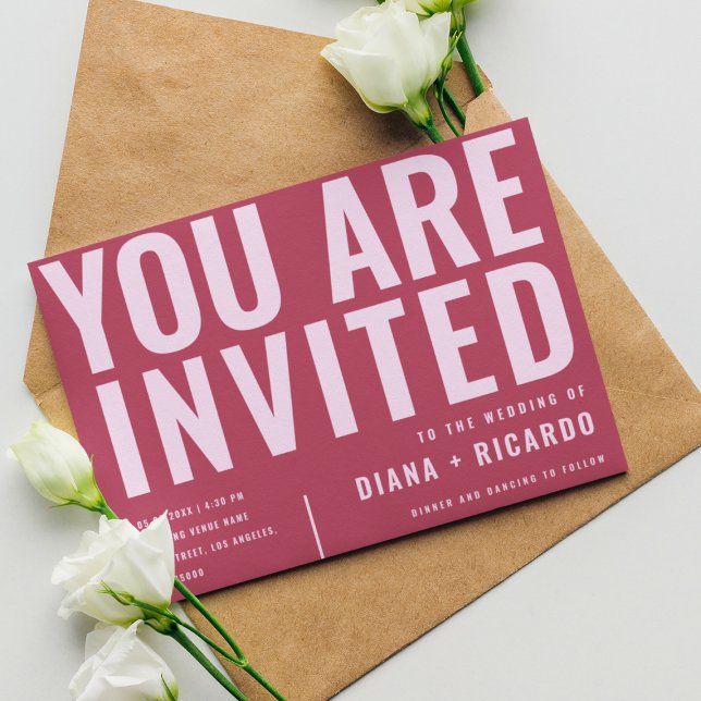 Invitación Magenta de tipografía audaz | Pink All in One Boda (Subido por el creador)