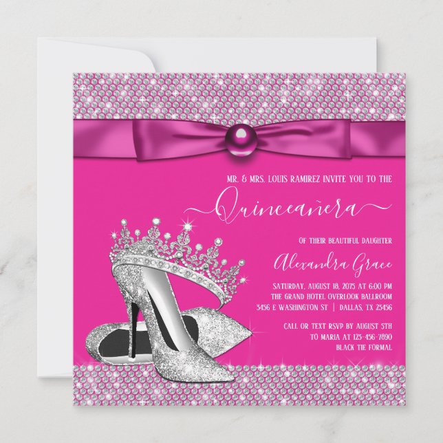 Invitación Magenta Diamante Rosa Caliente Tiara Shoe Quincean (Anverso)