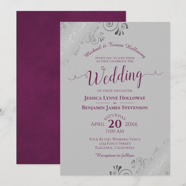 Invitación Magenta elegante de encaje plateado sobre Boda for (Anverso / Reverso)