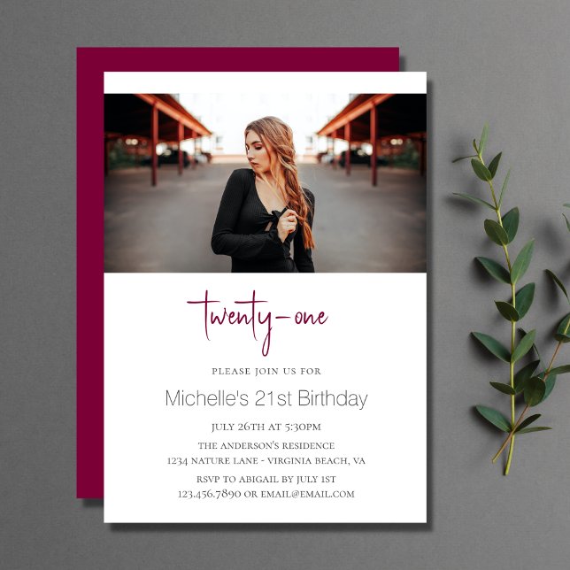 Invitación Magenta Elegante Foto Moderna 21º Cumpleaños (Subido por el creador)