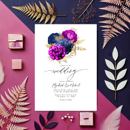 Invitación Magenta elegante, marina y Boda floral de oro