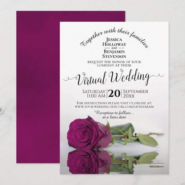 Invitación Magenta elegante que refleja el Boda virtual Rosa (Anverso / Reverso)