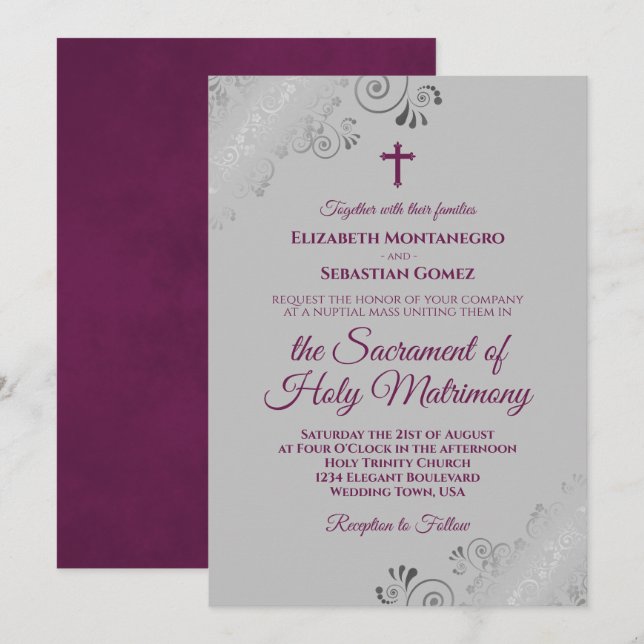 Invitación Magenta elegante sobre Boda católico moderno gris (Anverso / Reverso)