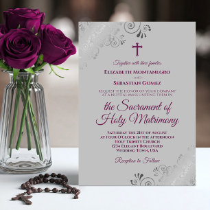 Invitación Magenta elegante sobre Boda católico moderno gris