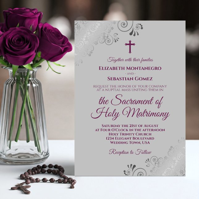 Invitación Magenta elegante sobre Boda católico moderno gris (Subido por el creador)