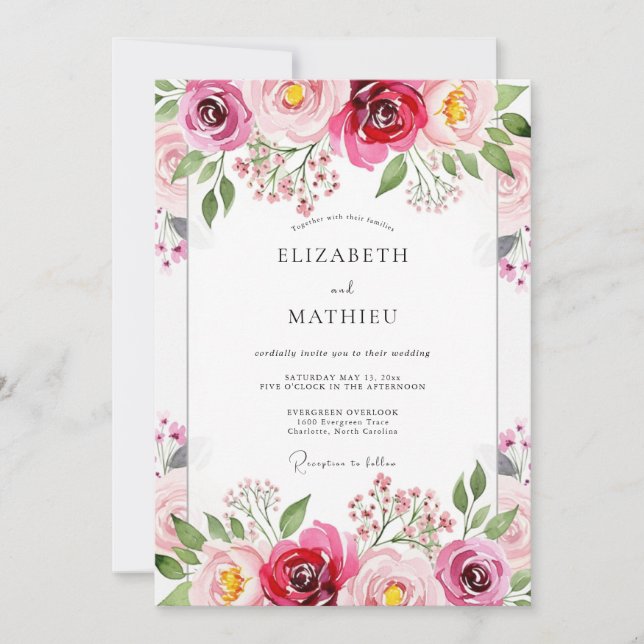 Invitación Magenta Floral Brushstroke Wedding (Anverso)