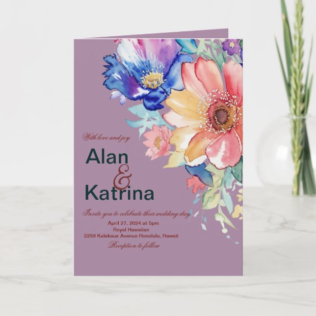 Invitación Magenta Floral Negrita Boda Plegada (Anverso)