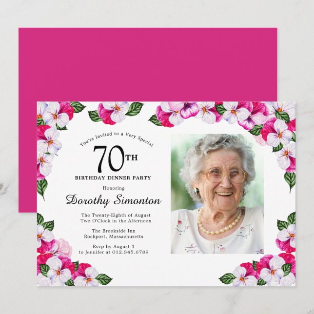 Invitación Magenta foto blanca rosada 70ª cena de cumpleaños (Anverso / Reverso)