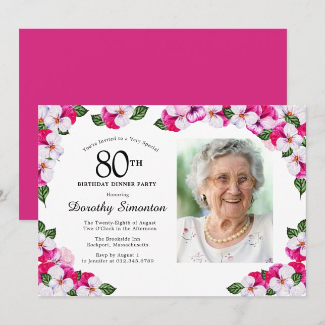 Invitación Magenta foto blanca rosada 80º cumpleaños (Anverso / Reverso)